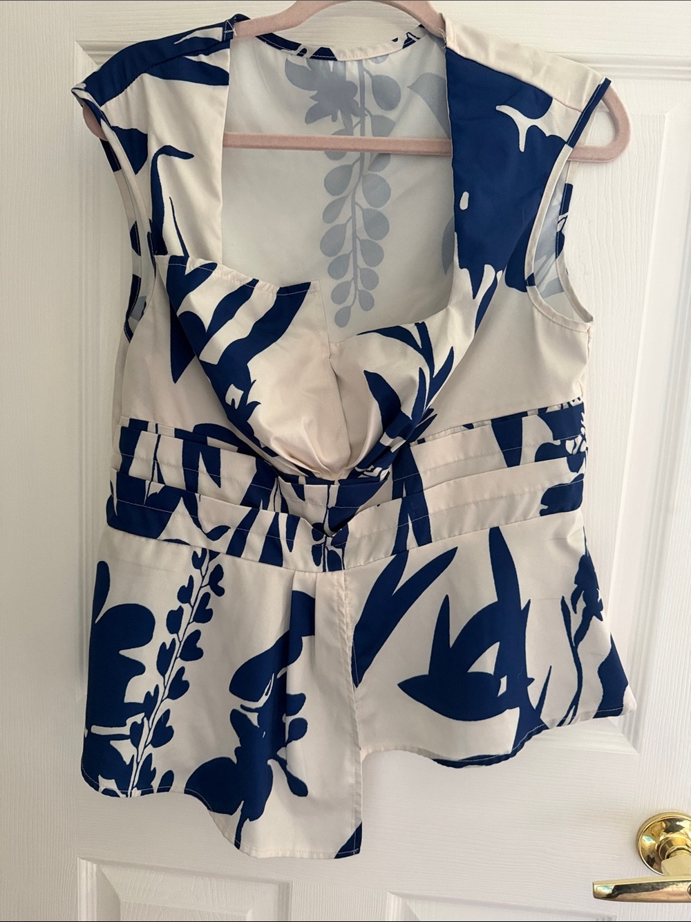 SHEIN Ivory and Navy Floral Sleeveless Wrap-Style Top